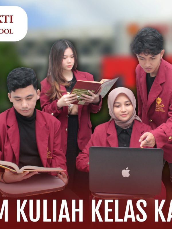 Mahasiswa Tri Bhakti Business School terdiri dari dua cowo dan dua cewe belajar kelompok di latar belakang terlihat gedung tri bhakti business school yang buram dan di bawahnya tulisan program kuliah kelas karyawan