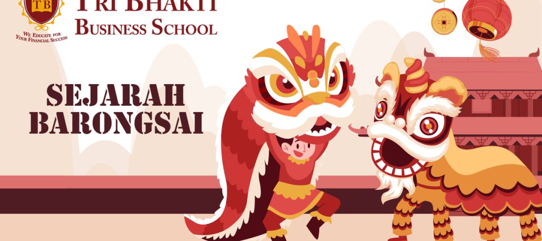 Grafis sejarah barongsai, di belakannya terdapat kuil dan 2 barongsai yang sedang berlatih