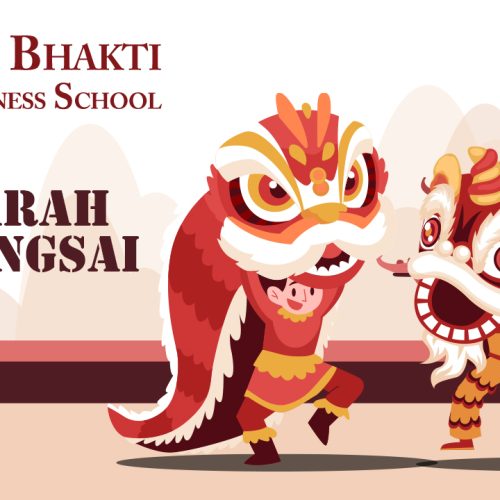 Grafis sejarah barongsai, di belakannya terdapat kuil dan 2 barongsai yang sedang berlatih