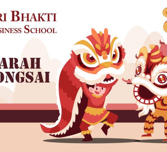 Grafis sejarah barongsai, di belakannya terdapat kuil dan 2 barongsai yang sedang berlatih