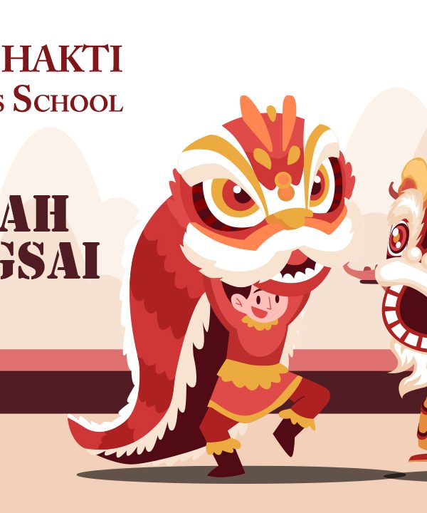 Grafis sejarah barongsai, di belakannya terdapat kuil dan 2 barongsai yang sedang berlatih