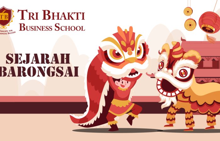 Grafis sejarah barongsai, di belakannya terdapat kuil dan 2 barongsai yang sedang berlatih