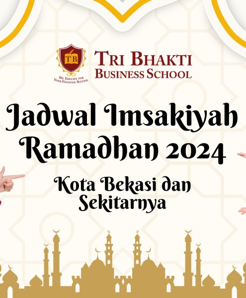 Jadwal Imsakiyah Ramadhan 2024 Kota Bekasi dan sekitarnya, di atasnya terdapat logo Tri Bhakti Business School dan sisamping kanan kirinnya terdapat mahasiswa dan mahasiswi tri bhakti business school