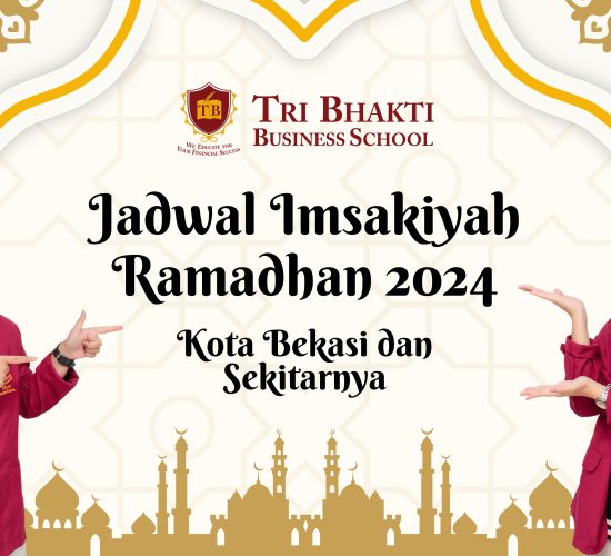 Jadwal Imsakiyah Ramadhan 2024 Kota Bekasi dan sekitarnya, di atasnya terdapat logo Tri Bhakti Business School dan sisamping kanan kirinnya terdapat mahasiswa dan mahasiswi tri bhakti business school
