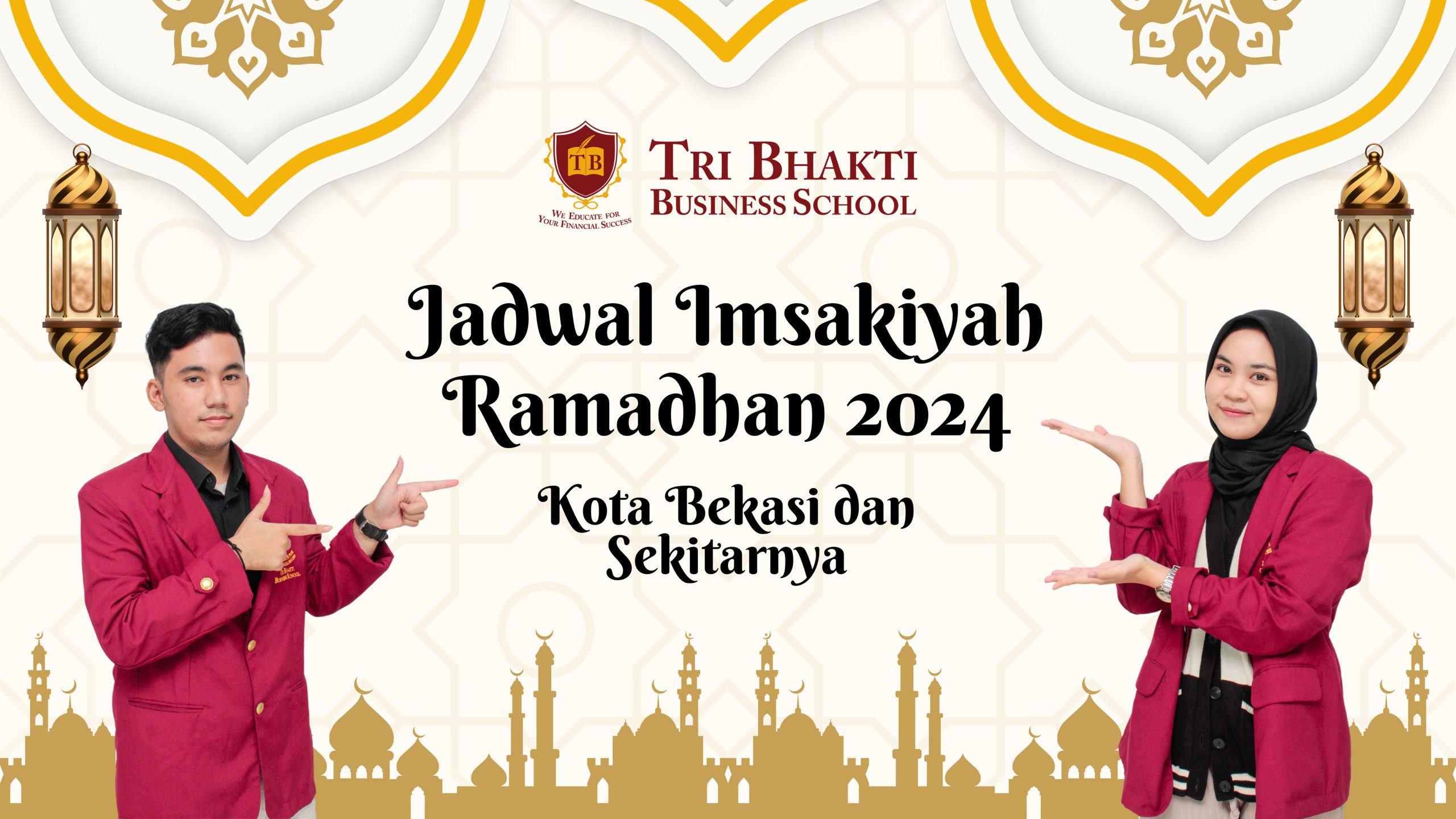 Jadwal Imsakiyah Ramadhan 2024 Kota Bekasi dan sekitarnya, di atasnya terdapat logo Tri Bhakti Business School dan sisamping kanan kirinnya terdapat mahasiswa dan mahasiswi tri bhakti business school