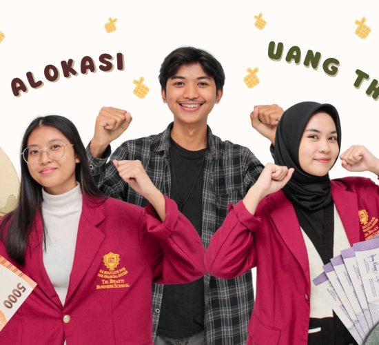 3 orang mahasiswa Tri Bhakti Business School Bekasi yang sedang gembira, dan terdapat tulisan alokasi uang THR (Tunjangan Hari Raya)