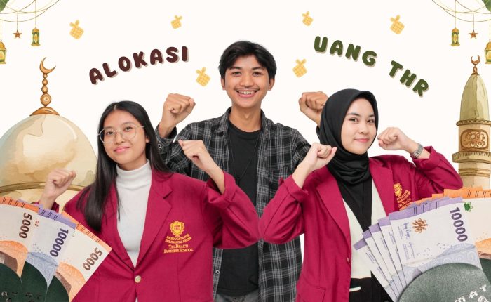 3 orang mahasiswa Tri Bhakti Business School Bekasi yang sedang gembira, dan terdapat tulisan alokasi uang THR (Tunjangan Hari Raya)