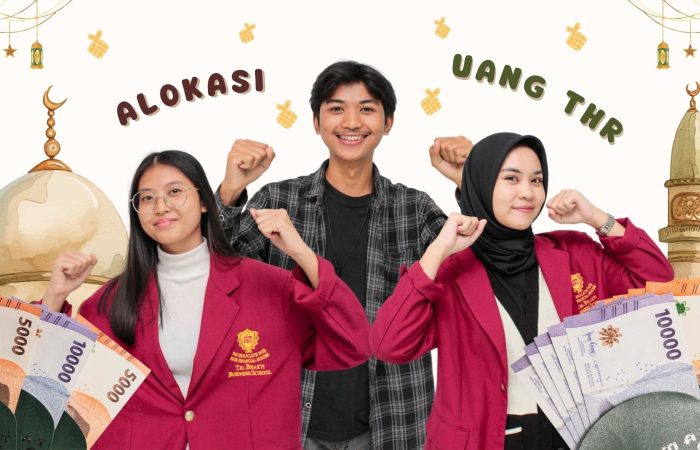3 orang mahasiswa Tri Bhakti Business School Bekasi yang sedang gembira, dan terdapat tulisan alokasi uang THR (Tunjangan Hari Raya)