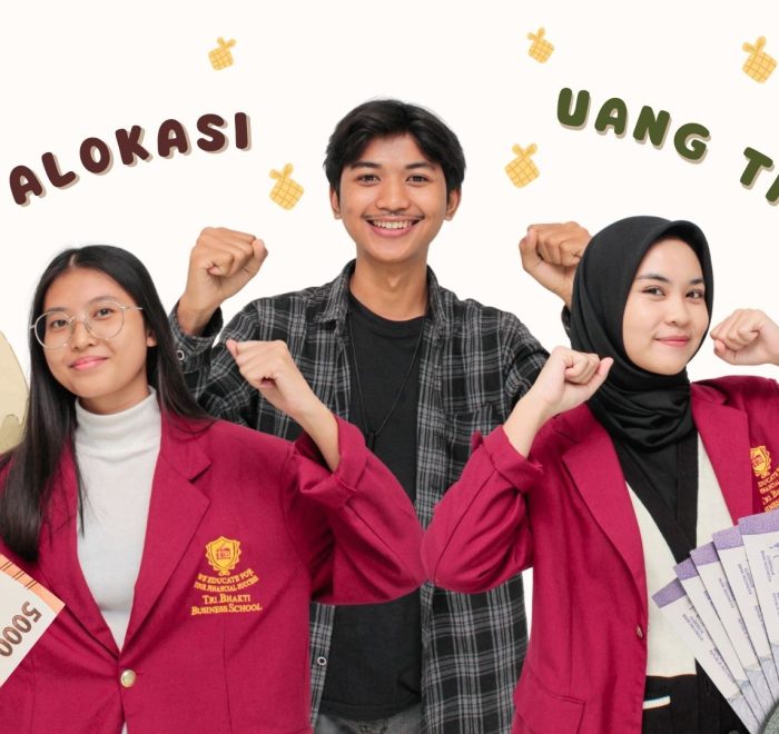 3 orang mahasiswa Tri Bhakti Business School Bekasi yang sedang gembira, dan terdapat tulisan alokasi uang THR (Tunjangan Hari Raya)
