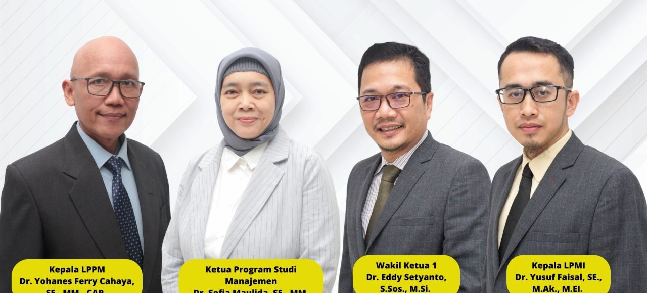 Wakil Ketua 1 yang kini di jabat oleh Dr. Eddy Setyanto, S.Sos., M.Si. Kepala LPPM (Lembaga Penelitian dan Pengabdian Masyarakat) yang kini di jabat oleh Dr. Yohanes Ferry Cahaya, SE., MM., CAP. Kepala LPMI (Lembaga Penjaminan Mutu Internal) yang kini di jabat oleh Dr. Yusuf Faisal, SE., M.Ak., M.EI. Ketua Program Studi Manajemen yang kini di jabat oleh Dr. Sofia Maulida, SE., MM.