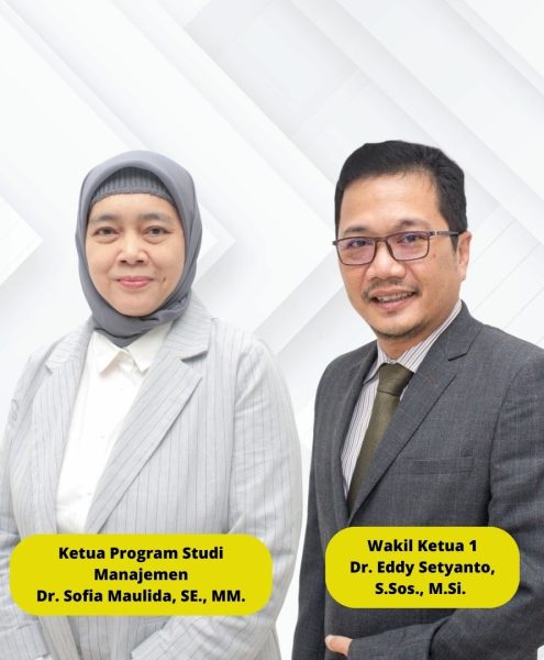 Wakil Ketua 1 yang kini di jabat oleh Dr. Eddy Setyanto, S.Sos., M.Si. Kepala LPPM (Lembaga Penelitian dan Pengabdian Masyarakat) yang kini di jabat oleh Dr. Yohanes Ferry Cahaya, SE., MM., CAP. Kepala LPMI (Lembaga Penjaminan Mutu Internal) yang kini di jabat oleh Dr. Yusuf Faisal, SE., M.Ak., M.EI. Ketua Program Studi Manajemen yang kini di jabat oleh Dr. Sofia Maulida, SE., MM.