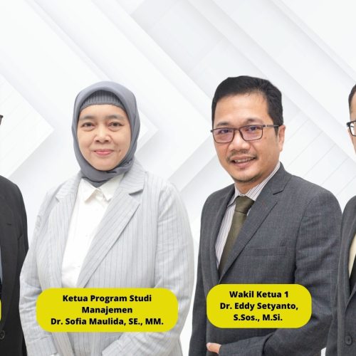 Wakil Ketua 1 yang kini di jabat oleh Dr. Eddy Setyanto, S.Sos., M.Si. Kepala LPPM (Lembaga Penelitian dan Pengabdian Masyarakat) yang kini di jabat oleh Dr. Yohanes Ferry Cahaya, SE., MM., CAP. Kepala LPMI (Lembaga Penjaminan Mutu Internal) yang kini di jabat oleh Dr. Yusuf Faisal, SE., M.Ak., M.EI. Ketua Program Studi Manajemen yang kini di jabat oleh Dr. Sofia Maulida, SE., MM.