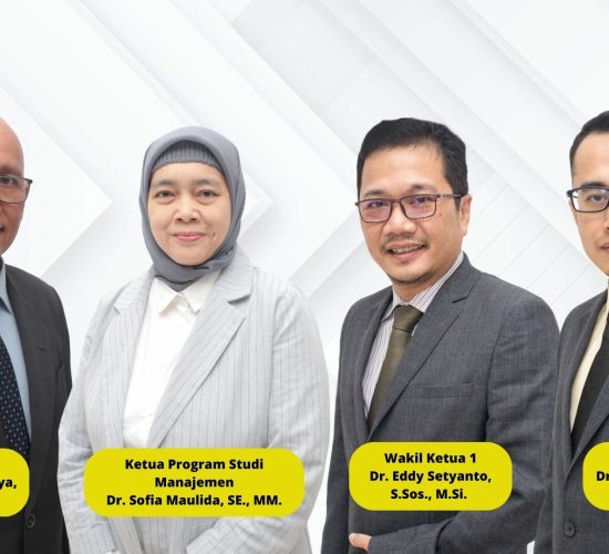 Wakil Ketua 1 yang kini di jabat oleh Dr. Eddy Setyanto, S.Sos., M.Si. Kepala LPPM (Lembaga Penelitian dan Pengabdian Masyarakat) yang kini di jabat oleh Dr. Yohanes Ferry Cahaya, SE., MM., CAP. Kepala LPMI (Lembaga Penjaminan Mutu Internal) yang kini di jabat oleh Dr. Yusuf Faisal, SE., M.Ak., M.EI. Ketua Program Studi Manajemen yang kini di jabat oleh Dr. Sofia Maulida, SE., MM.