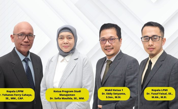 Wakil Ketua 1 yang kini di jabat oleh Dr. Eddy Setyanto, S.Sos., M.Si. Kepala LPPM (Lembaga Penelitian dan Pengabdian Masyarakat) yang kini di jabat oleh Dr. Yohanes Ferry Cahaya, SE., MM., CAP. Kepala LPMI (Lembaga Penjaminan Mutu Internal) yang kini di jabat oleh Dr. Yusuf Faisal, SE., M.Ak., M.EI. Ketua Program Studi Manajemen yang kini di jabat oleh Dr. Sofia Maulida, SE., MM.