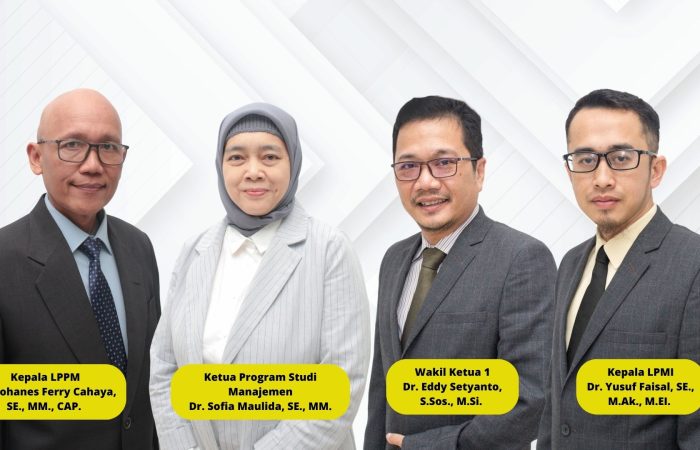 Wakil Ketua 1 yang kini di jabat oleh Dr. Eddy Setyanto, S.Sos., M.Si. Kepala LPPM (Lembaga Penelitian dan Pengabdian Masyarakat) yang kini di jabat oleh Dr. Yohanes Ferry Cahaya, SE., MM., CAP. Kepala LPMI (Lembaga Penjaminan Mutu Internal) yang kini di jabat oleh Dr. Yusuf Faisal, SE., M.Ak., M.EI. Ketua Program Studi Manajemen yang kini di jabat oleh Dr. Sofia Maulida, SE., MM.