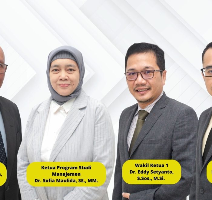 Wakil Ketua 1 yang kini di jabat oleh Dr. Eddy Setyanto, S.Sos., M.Si. Kepala LPPM (Lembaga Penelitian dan Pengabdian Masyarakat) yang kini di jabat oleh Dr. Yohanes Ferry Cahaya, SE., MM., CAP. Kepala LPMI (Lembaga Penjaminan Mutu Internal) yang kini di jabat oleh Dr. Yusuf Faisal, SE., M.Ak., M.EI. Ketua Program Studi Manajemen yang kini di jabat oleh Dr. Sofia Maulida, SE., MM.