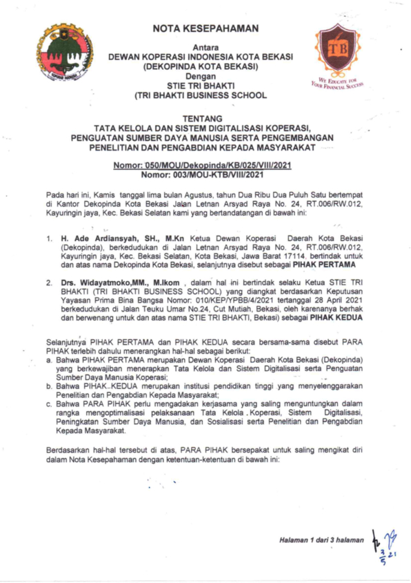 Tri Bhakti Business School bekerjasama dengan Dewan Koperasi Indonesia Kota Bekasi