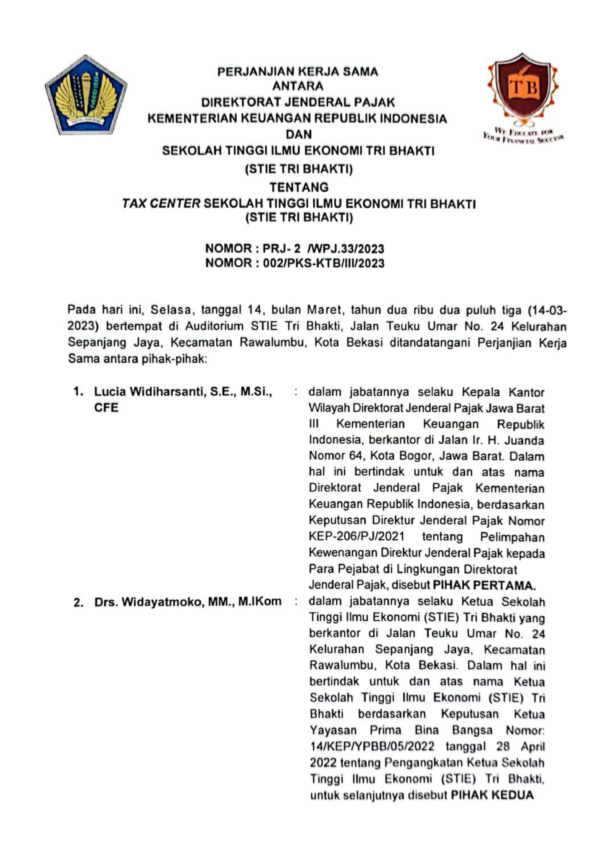Tri Bhakti Business School Bekerjasama Dengan Direktoral Jendral Pajak Kementrian Keuangan Republik Indonesia