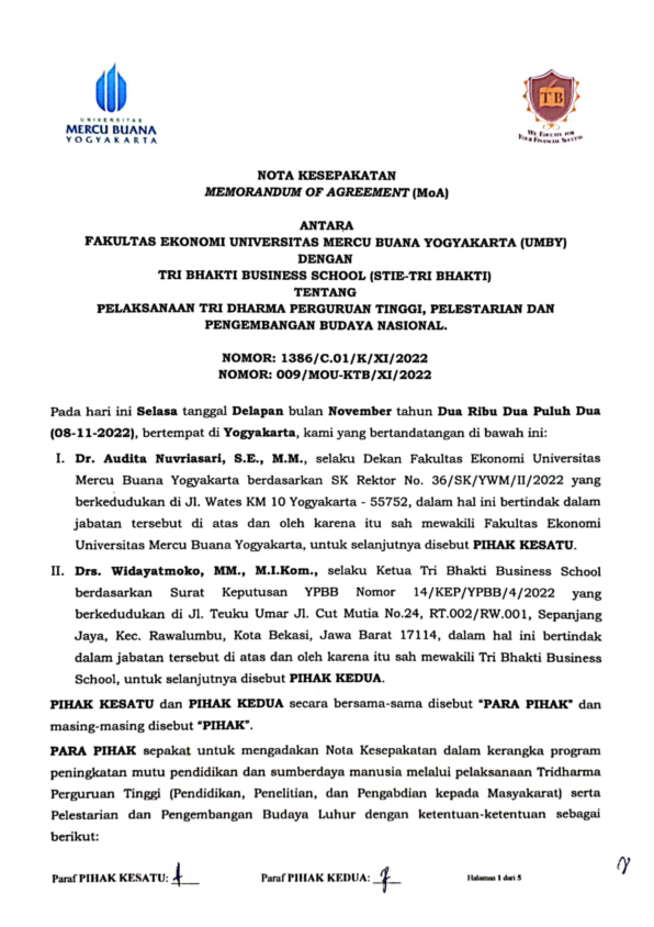 Tri Bhakti Business School Bekerjasama Dengan Universitas Mercubuana Yogyakarta