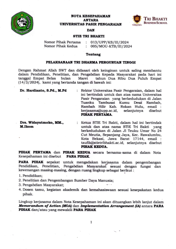 Tri Bhakti Business School Bekerjasama Dengan Universitas Pasir Pangaraian